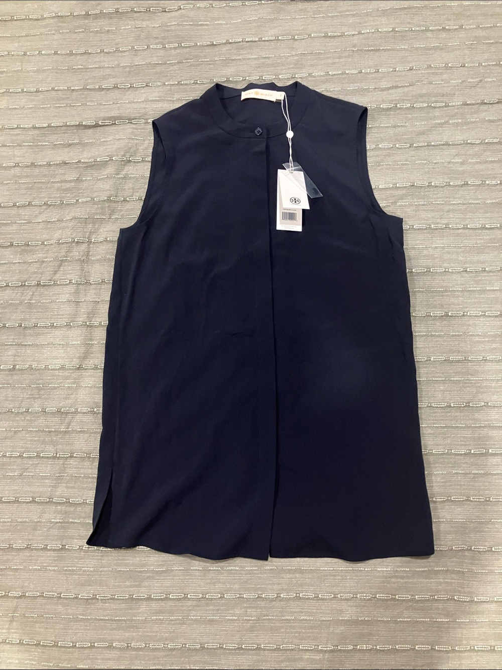 Tory Burch Sleeveless Navy Button-Front Blouse with Tie